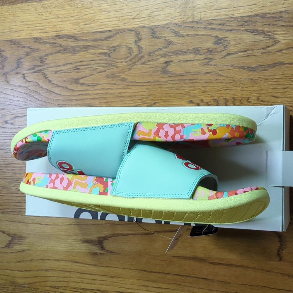 NIB FARM Rio Slide Sandals Adidas Collaboration Women's Size 10 Blue Beach Print - Picture 7 of 14